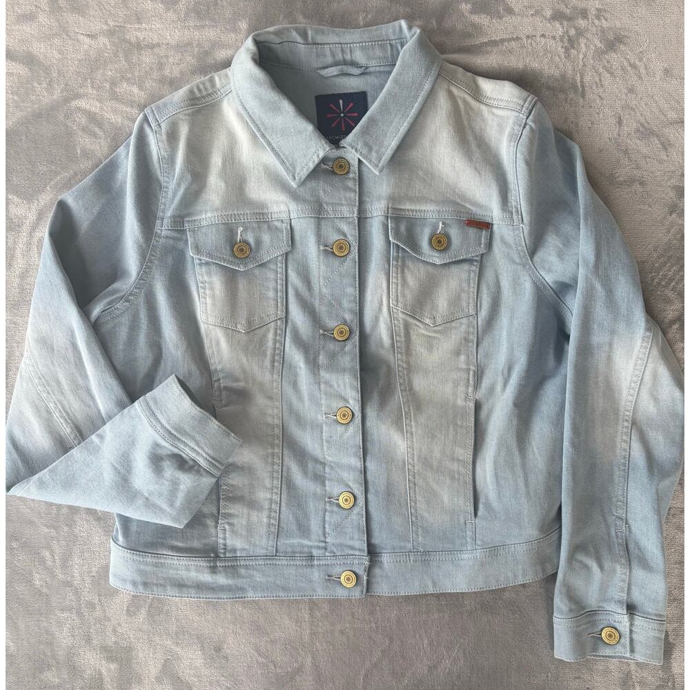 Isaac Mizrahi Live Denim Jacket Womens 12 M Light Blue Stretch Button Front QVC